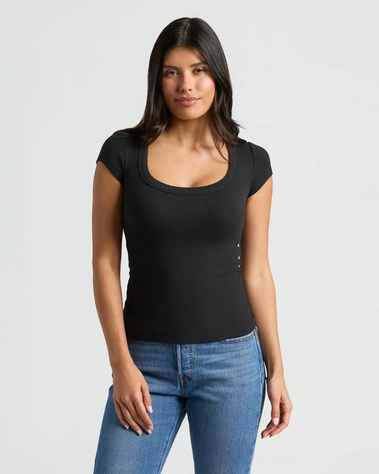 Womens Black Ribbed U-Neck Tee